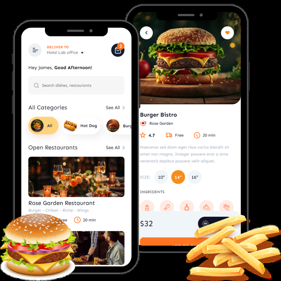 Branded food delivery customer app, driver app and admin panel preview